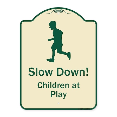 SIGNMISSION Designer Series-Slow Down Children At Play Tan & Green Heavy-Gauge Aluminum, 24" x 18", TG-1824-9891 A-DES-TG-1824-9891